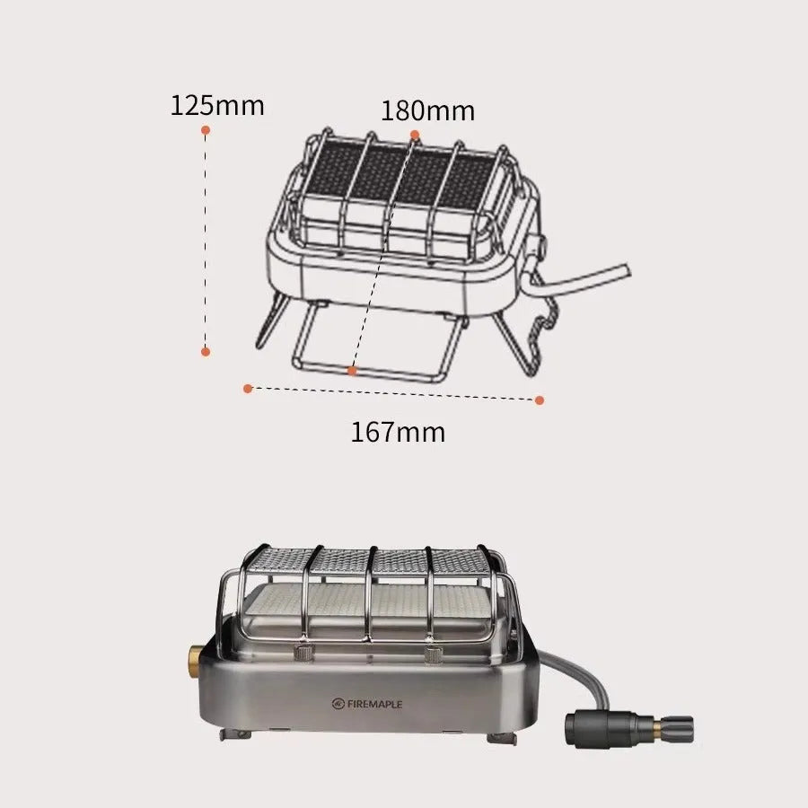 Compact metal outdoor electric heating stove with voltage regulator, shown in a silver finish.
