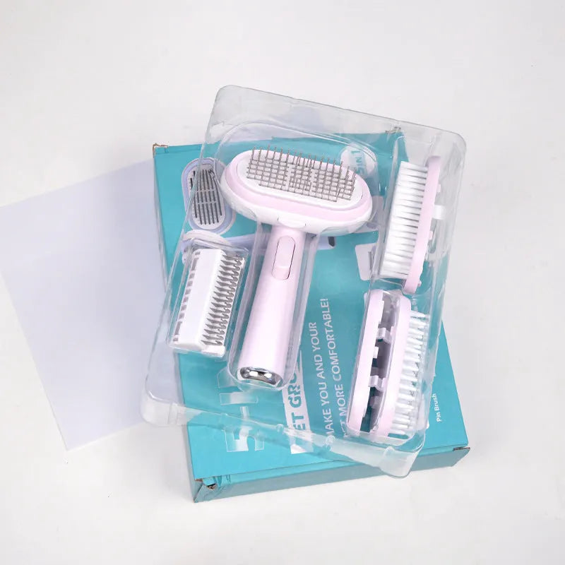 Blue and pink pet hair removal brush with steel needles on a light background