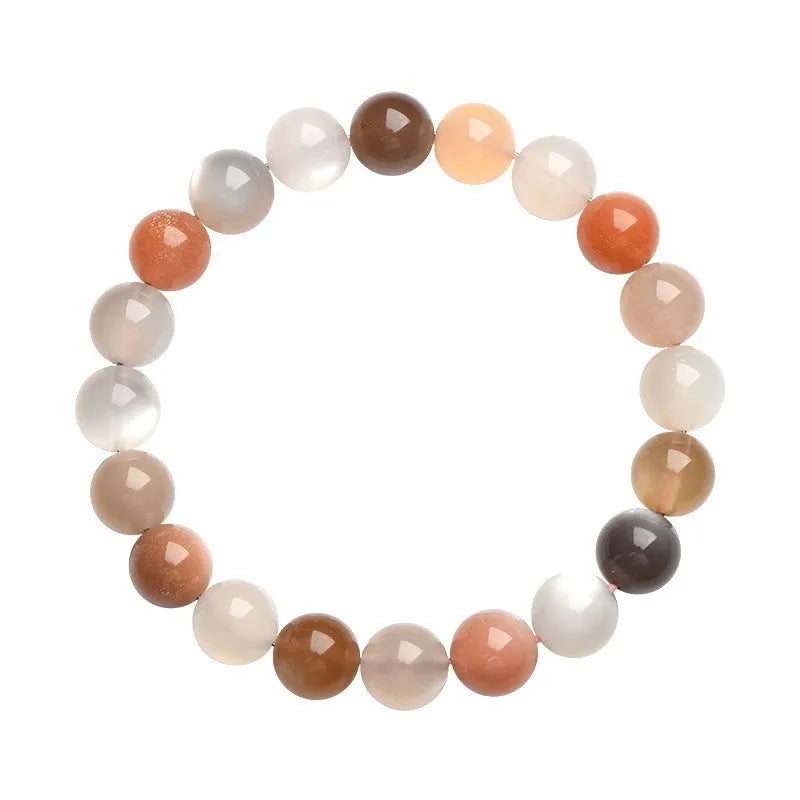 Natural moonstone colourful moonlight bracelet with 8mm beads in a single circle on a wrist.