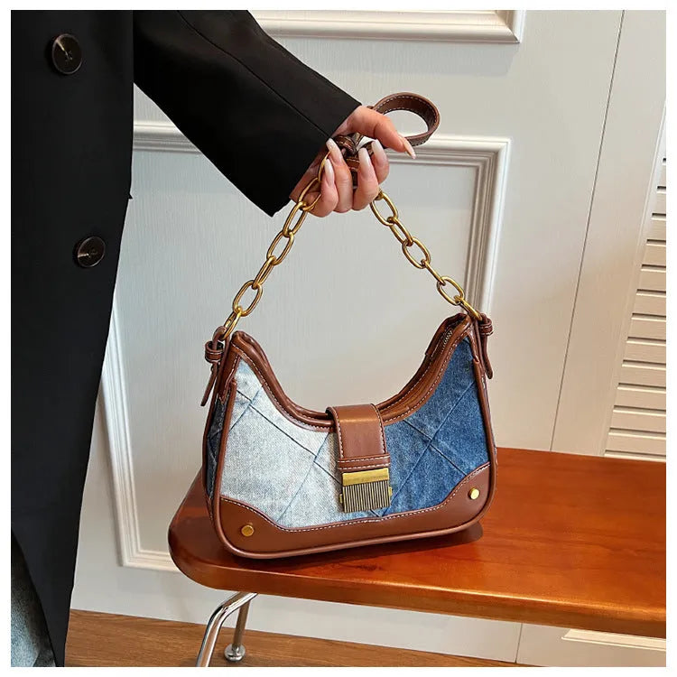 Brown denim women's shoulder bag with chain strap and diamond mesh detail