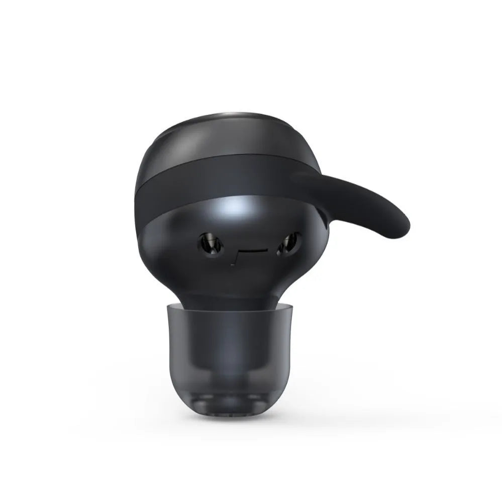G-36 rechargeable Bluetooth hearing aid in black with ear hook, USB cable, and instruction manual