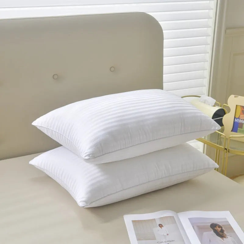 White cotton satin stripe pillow with feather cotton filling, shown in low, medium, and high loft versions.