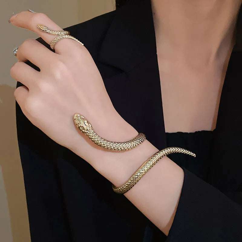 Gold electroplated exaggerated twisted snake design ring and bracelet jewellery set