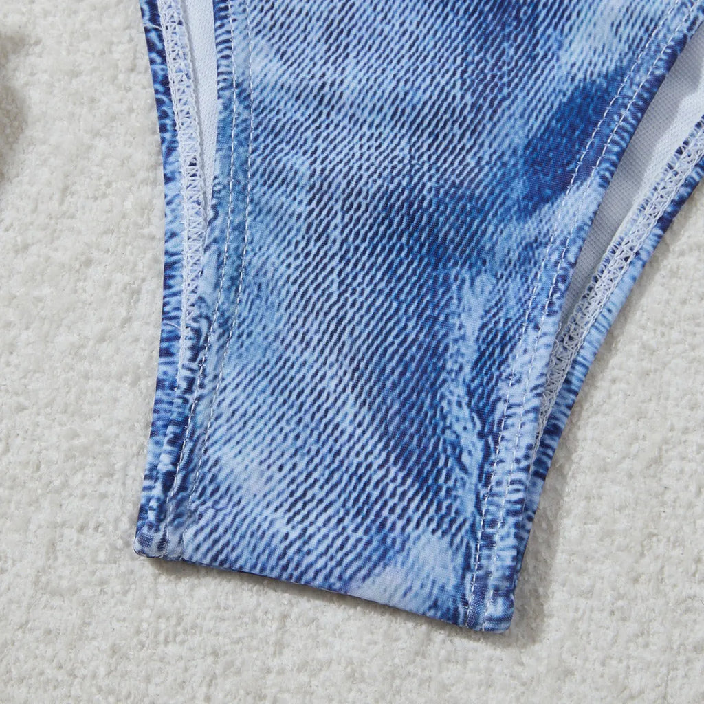 Women's denim blue printed bikini swimsuit with sexy strap design