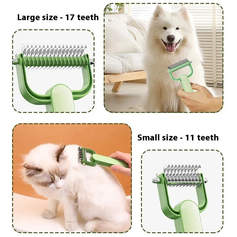 Pet grooming comb with stainless steel teeth for detangling dog hair in green and grey colour options