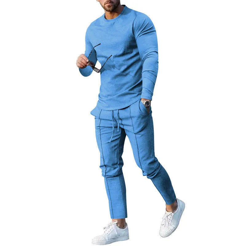 Men's two-piece casual suit with round-neck long sleeve T-shirt and matching trousers in solid colour