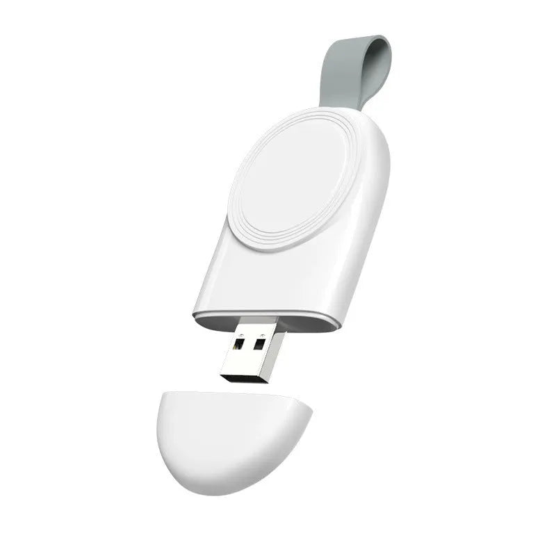 Portable wireless charger dock for Apple Watch in white, with USB cable and compact ABS body