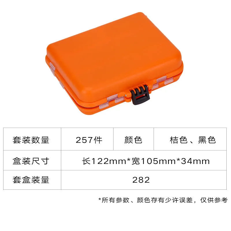 Weihe orange ABS fishing tackle box open to show assorted lures and hooks
