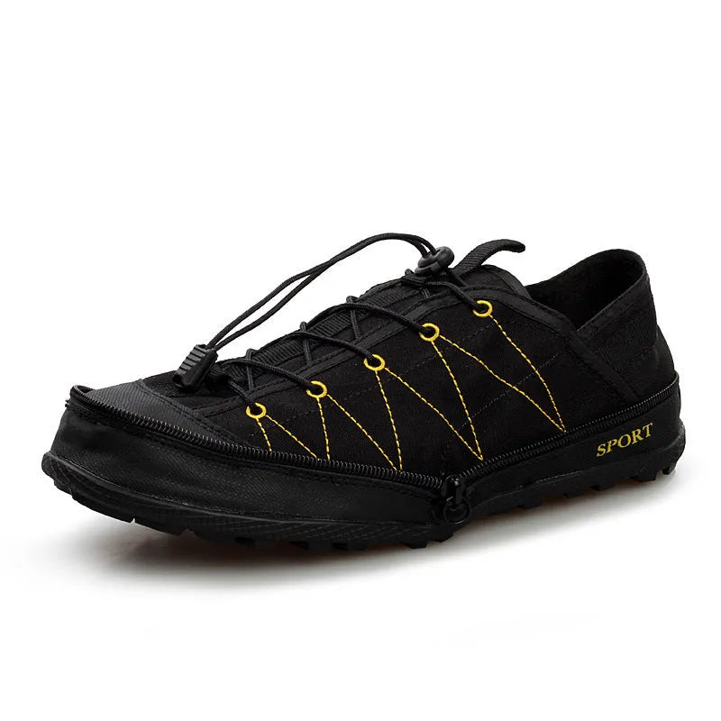 Men's folding outdoor hiking shoes with side zipper in black, grey, or orange colours.