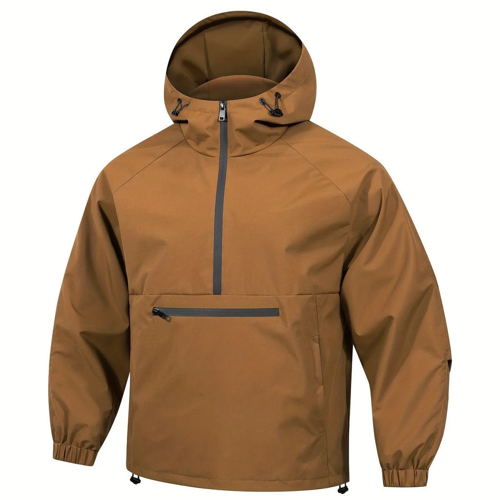 Men's light grey corduroy half-zip hooded sweater jacket with rabbit fur blend fabric in loose Korean-style fit