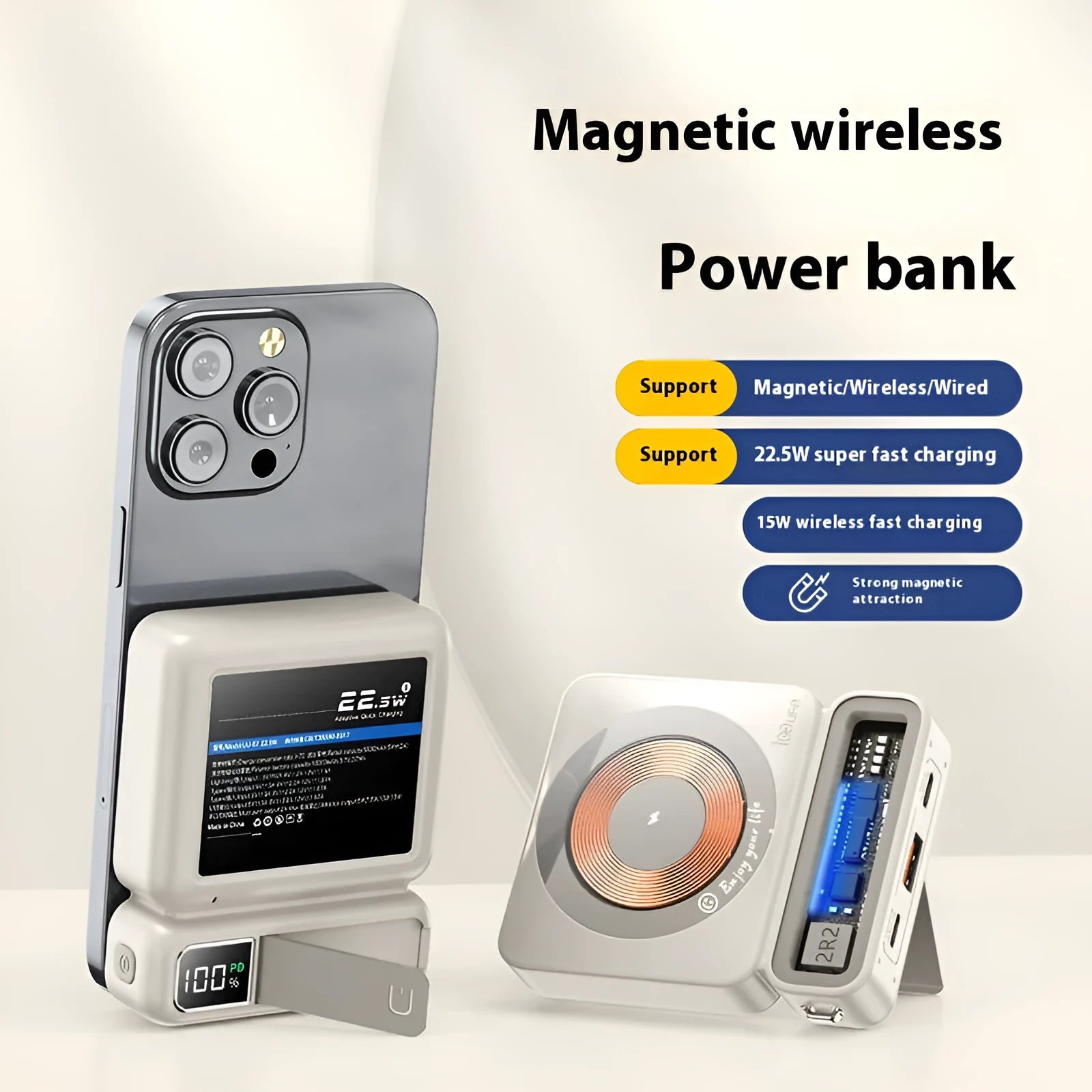 Large capacity 10000mAh 225W fast charging wireless magnetic power bank in retro gray