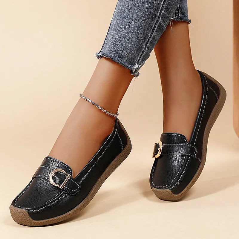 Women's casual loafers in artificial PU with beef tendon sole, round toe, and flat heel in five colour options