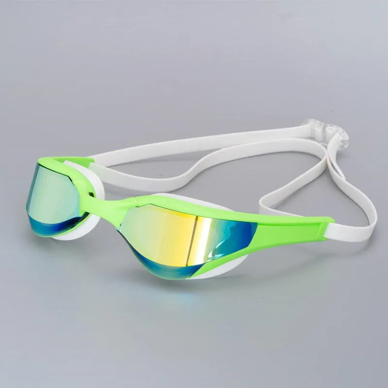 Black and gold plated anti-fog racing swimming goggles with polycarbonate frame on a blue background.