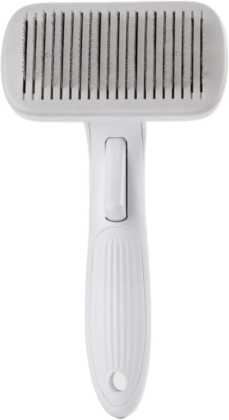 Blue automatic pet hair removal comb for dogs and cats on a table.