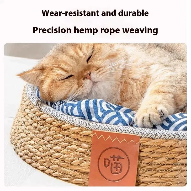 Woven rattan cat bed nest shown in one of four available sizes: S, M, L, or XL.