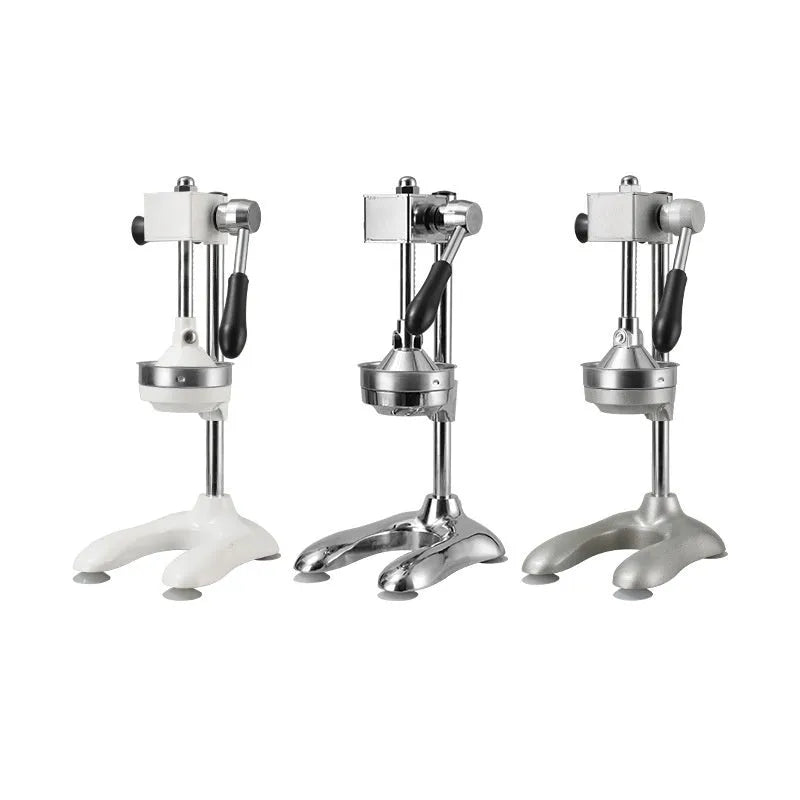 Vertical stainless steel manual juicer with zinc alloy base in choice of colours with pointed, flat or double head options