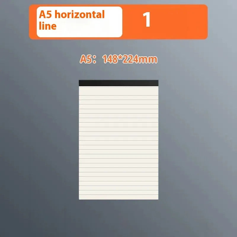 A5, B5 and A4 writing pads with blank, grid and lined page rulings.