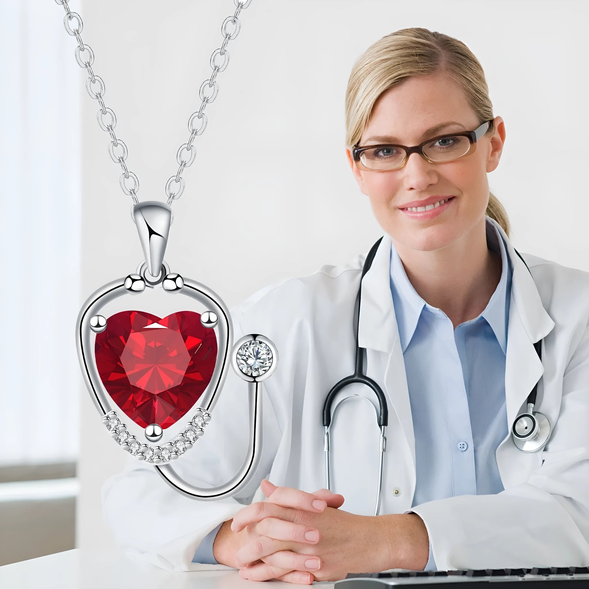 Women's stethoscope necklace with red diamond electroplated finish on copper chain