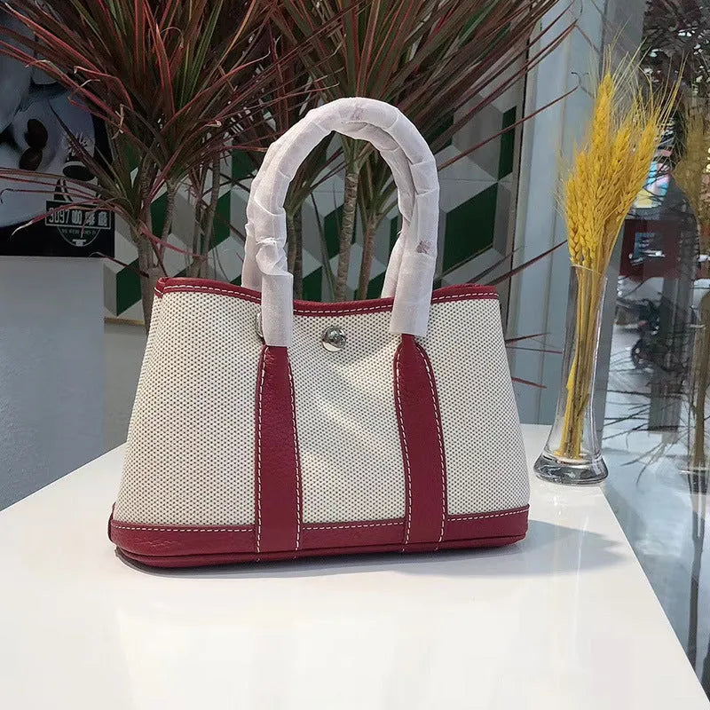 Genuine leather crossbody bucket tote bag with canvas surface in multiple colour options