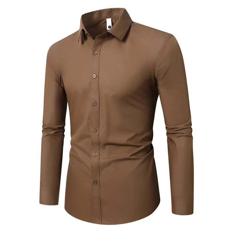 Loose fit long sleeve linen shirt shown in multiple colour options.