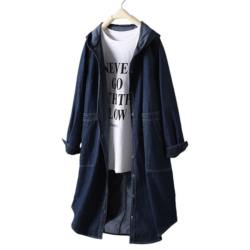 Long sleeve solid colour hooded denim top with large pocket in light blue front view
