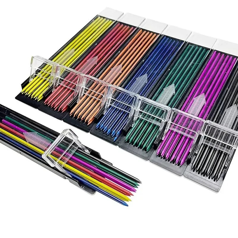Boxed set of twelve 0.5mm HB mechanical pencil refills with erasers in rainbow colours