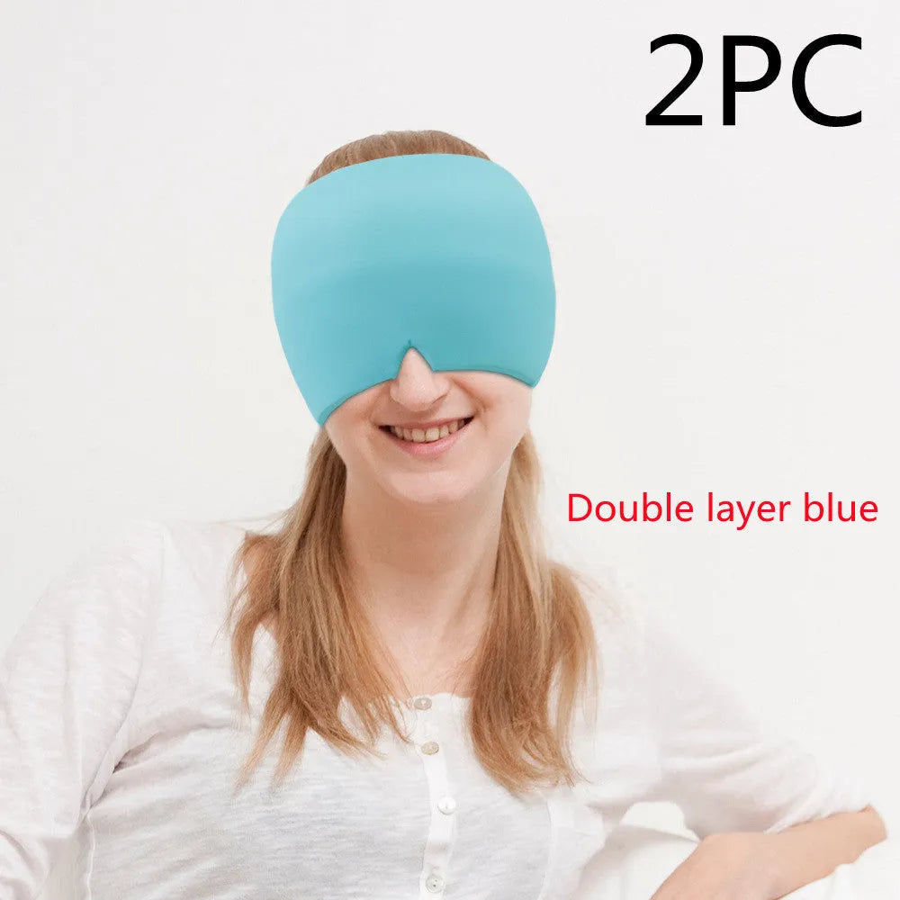 Cold therapy gel eye mask for headache relief in black colour on forehead