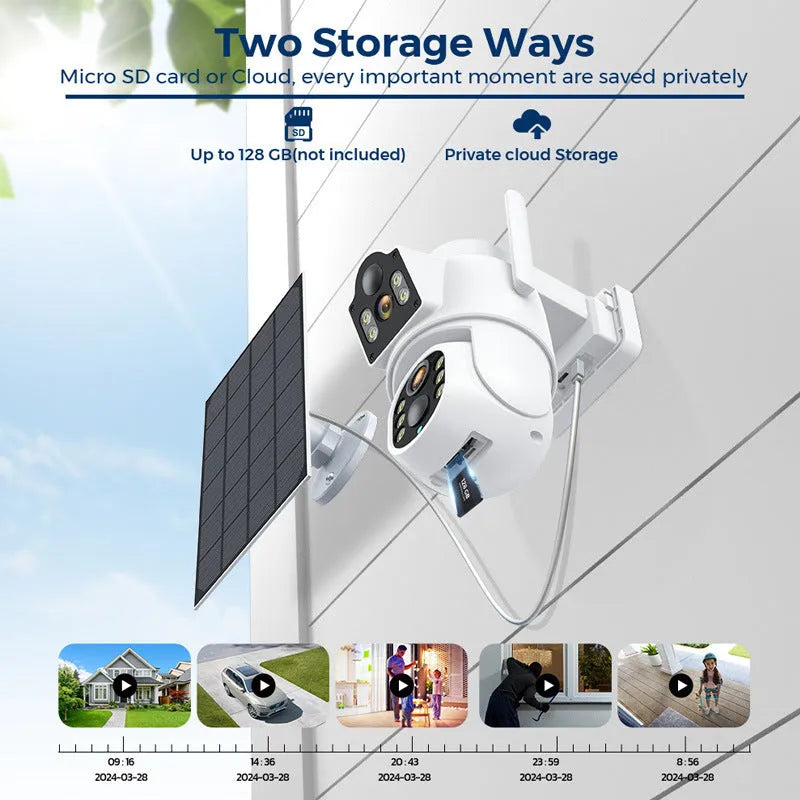 Outdoor white solar-powered WiFi security camera with attached solar panel on wall mount.