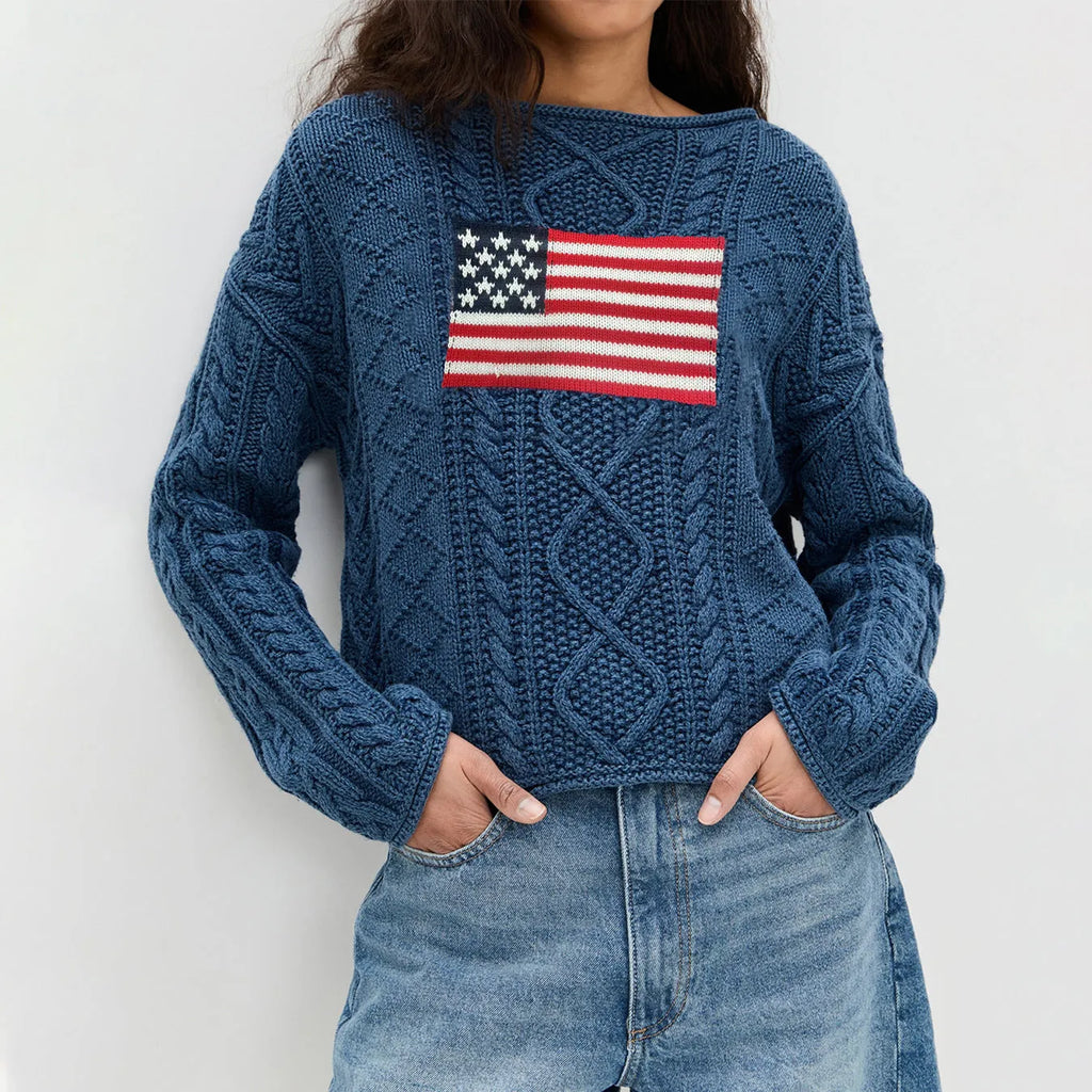 Women's navy blue acrylic fibre pullover top with national flag pattern, long sleeves, front view