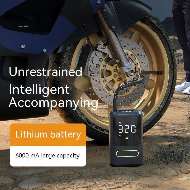 Handheld wireless digital air pump with LED display on black ABS body, showing pressure readout