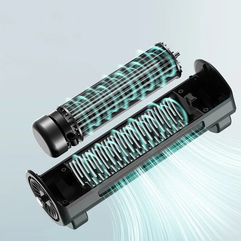 Bladeless car mount fan with USB power cord in black colour showing compact dimensions