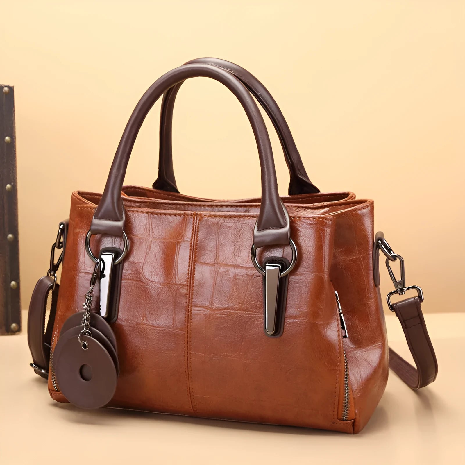 Horizontal square PU leather shoulder bag with single strap showing internal organiser compartments