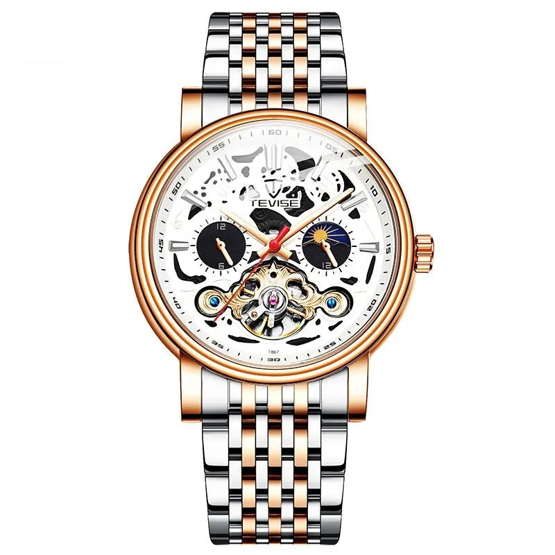 Men's tourbillon mechanical watch with luminous hands and waterproof casual design