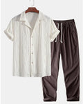 Casual slim fit short-sleeved shirt and trousers suit set with digital camouflage print, cardigan-style lapel.