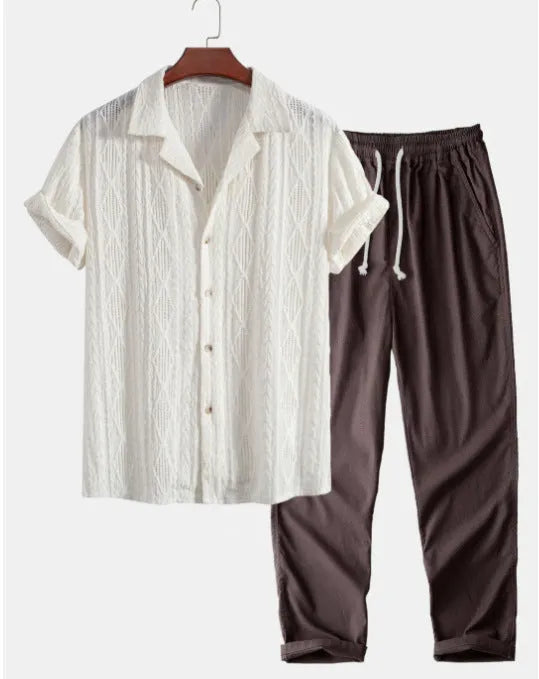 Casual slim fit short-sleeved shirt and trousers suit set with digital camouflage print, cardigan-style lapel.