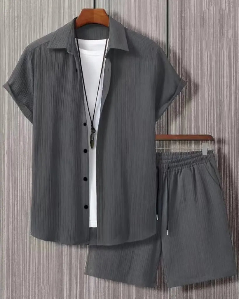 Men's short sleeve suit jacket and matching shorts in chemical fibre blend fabric