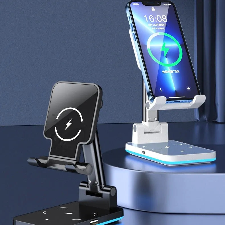 Black wireless charging phone desk stand holding a mobile phone at an angle.