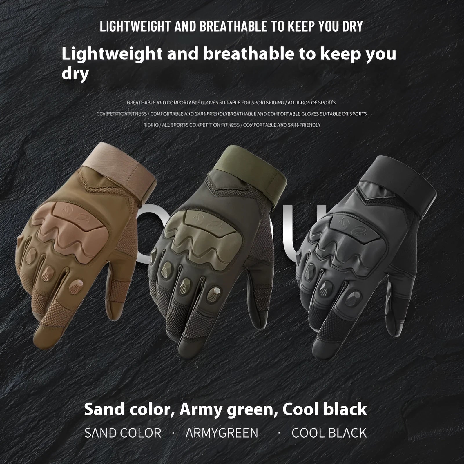 Men's black full-finger tactical gloves with touchscreen fingertips on a hand, showing sizes M L XL.