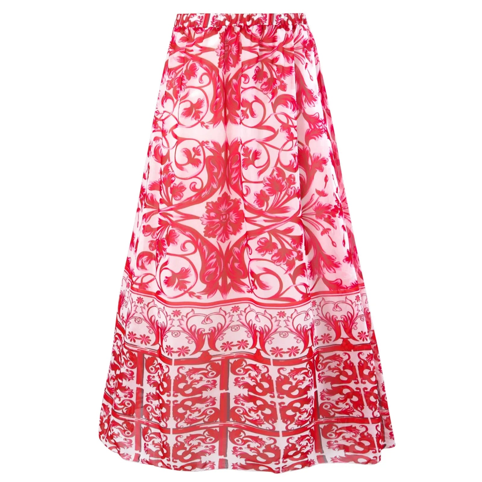 Adult woman modelling a printed one-piece swimsuit in a choice of colours including rose pink, blue, white, and a red apron set style.