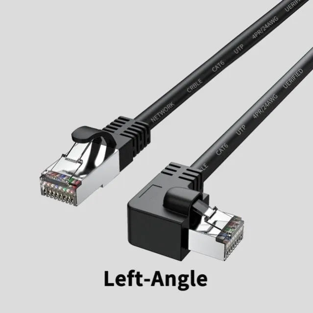 Right-angled Cat6 Ethernet cable with metal connector in various colours including black, red, and yellow.