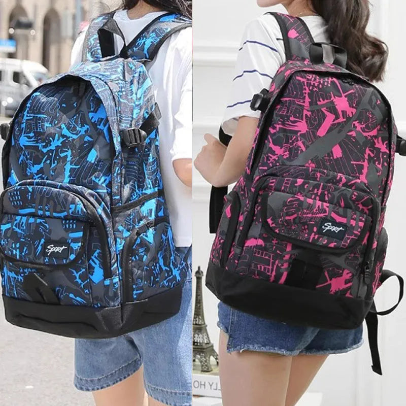 Blue and red classic nylon backpack with large capacity for school, travel, and outdoor use.