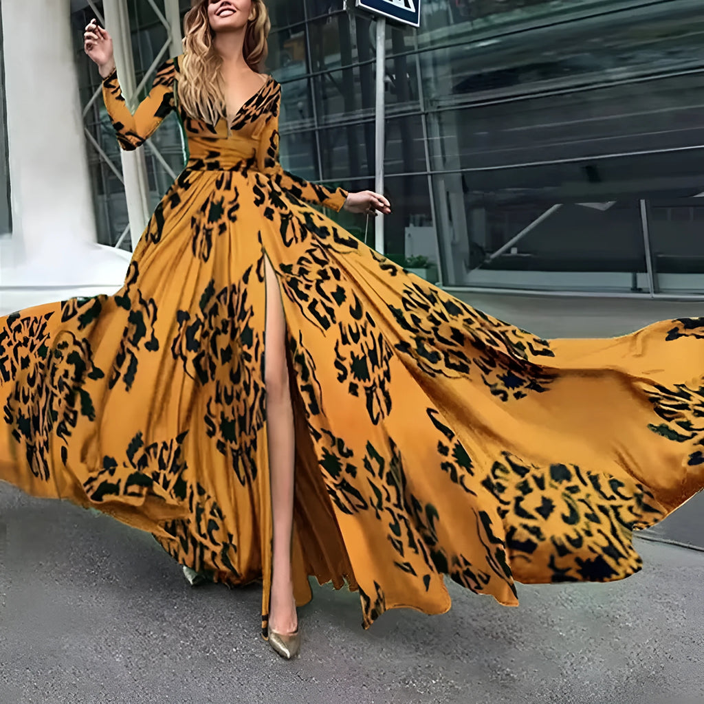 Women's leopard-print deep V split slim-fit long sleeve dress in polyester fabric with 3D digital printing