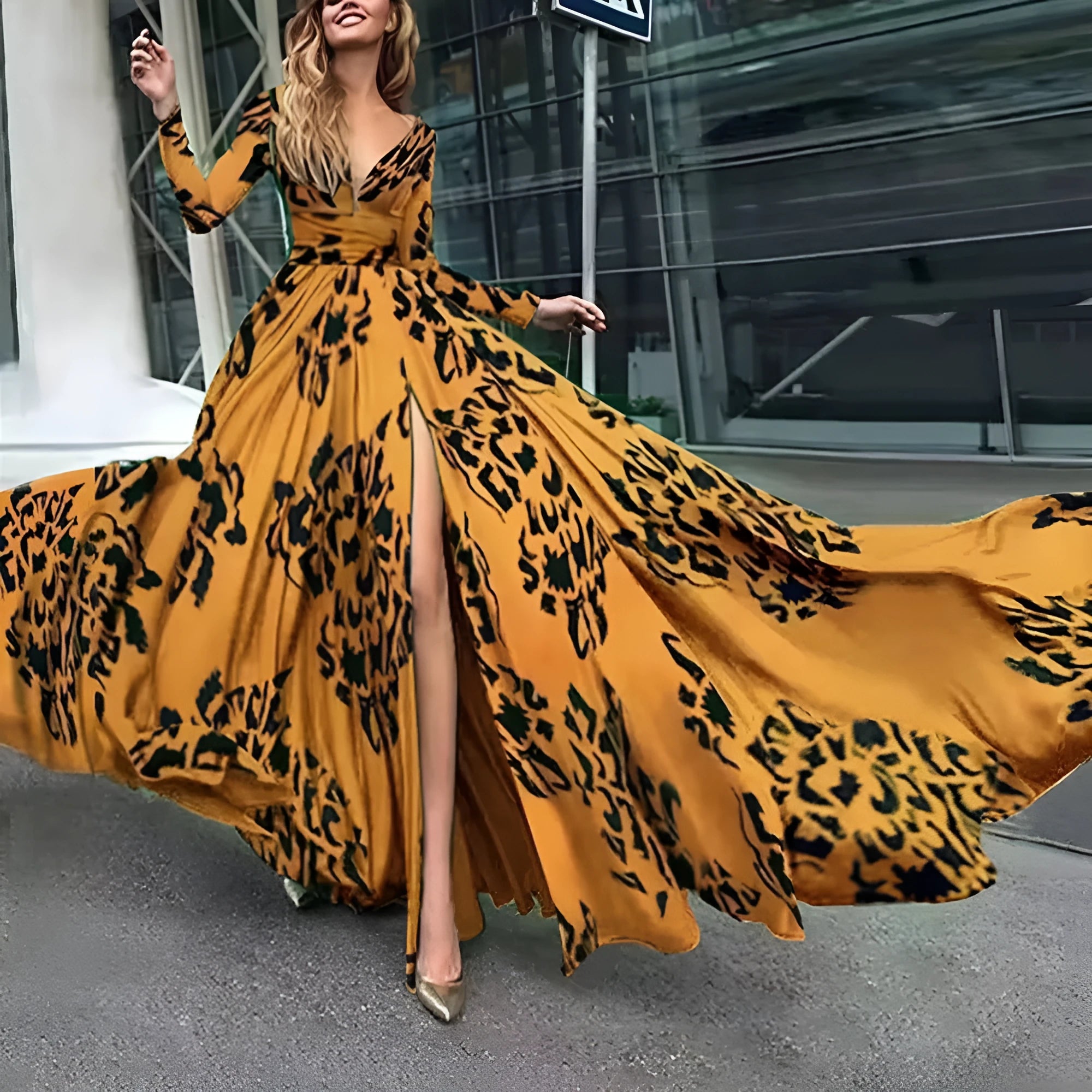 Women's leopard-print deep V split slim-fit long sleeve dress in polyester fabric with 3D digital printing