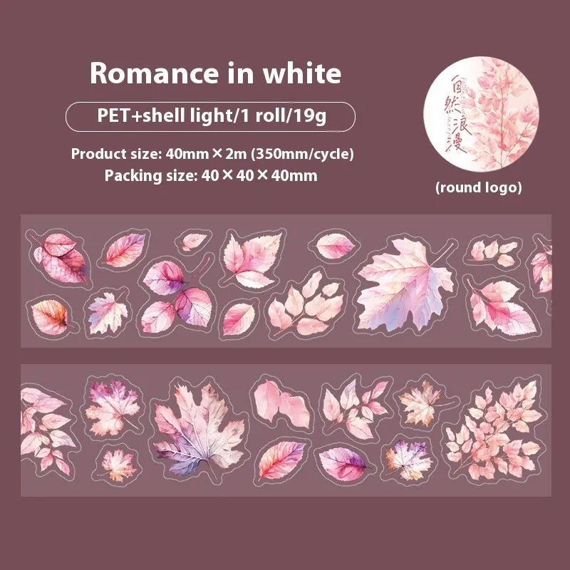 Roll of PET decorative stickers with six leaf patterns including ginkgo and maple designs for DIY projects