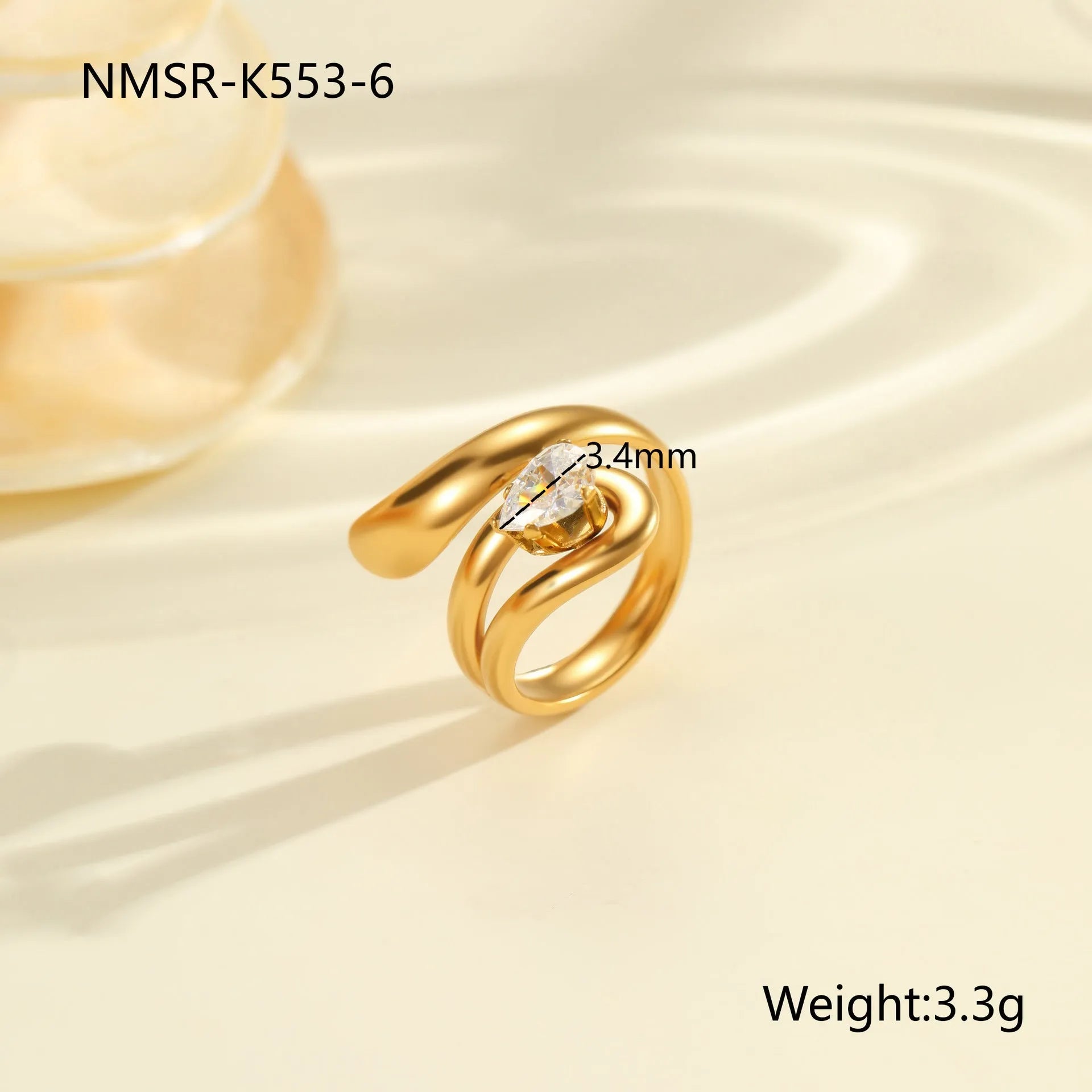 Geometric stainless steel women's ring with adjustable open mouth design and zircon details
