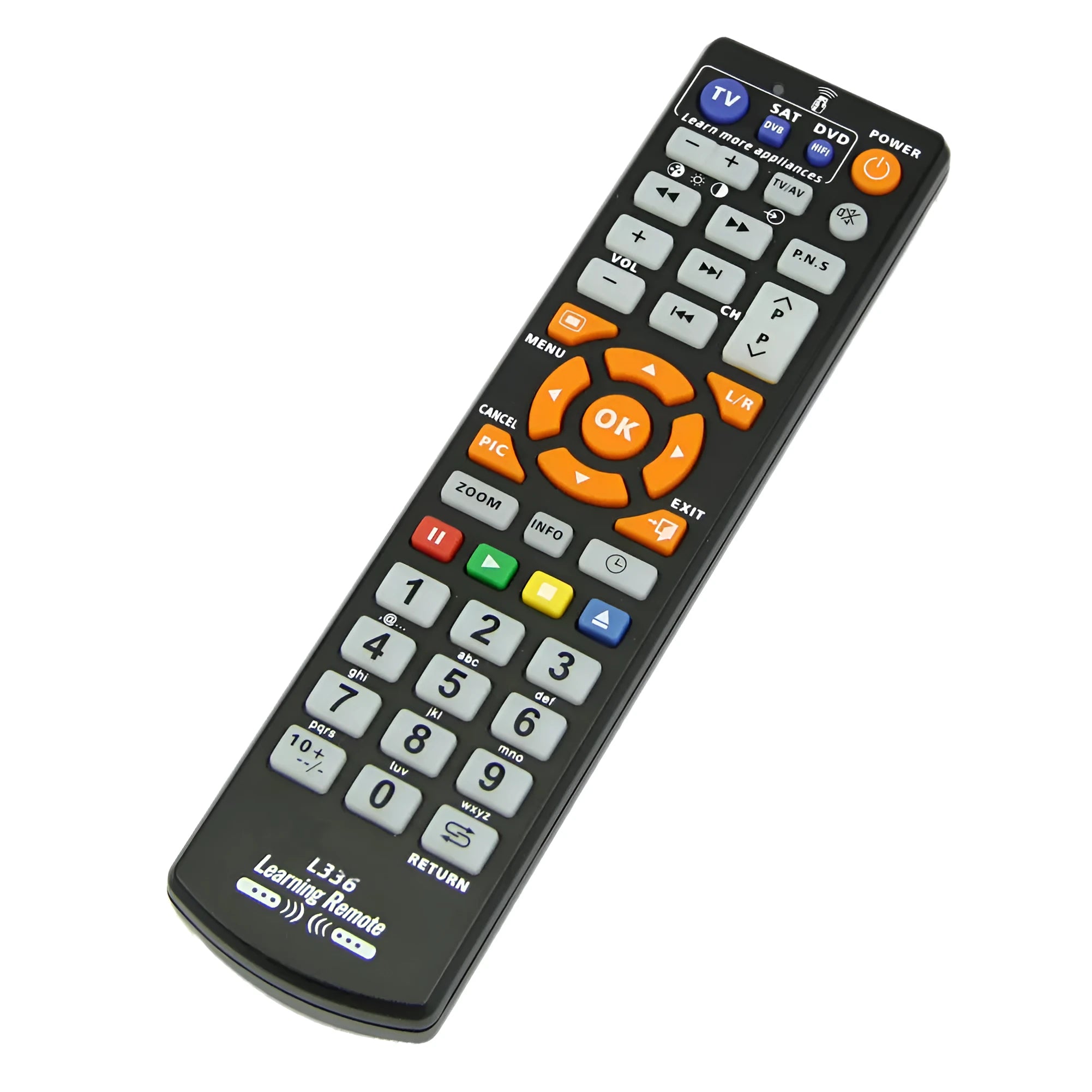 Black L336 learning remote control with full button layout for universal infrared device control