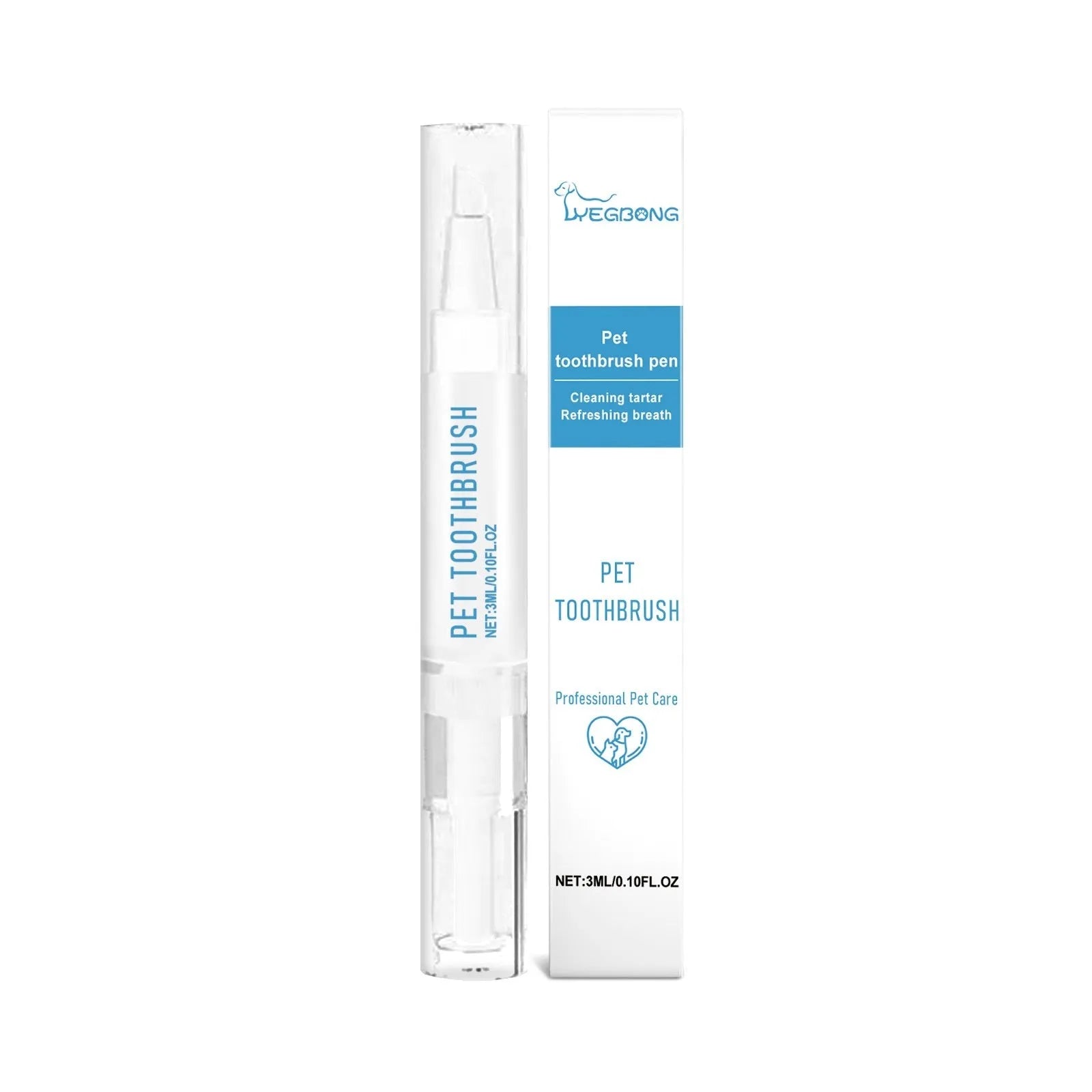 Pet toothbrush pen with integrated 3ml breath freshening gel reservoir for dog and cat dental care