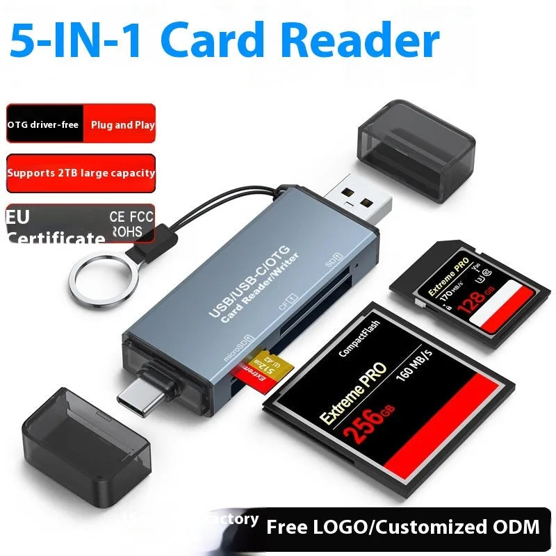 Aluminium CF SD TF three-in-one USB card reader with compact 9.2cm design