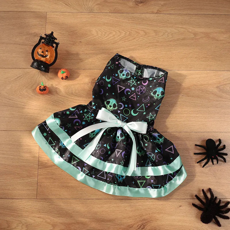 Halloween dog skirt with colourful pumpkin and skull prints in double-layer design