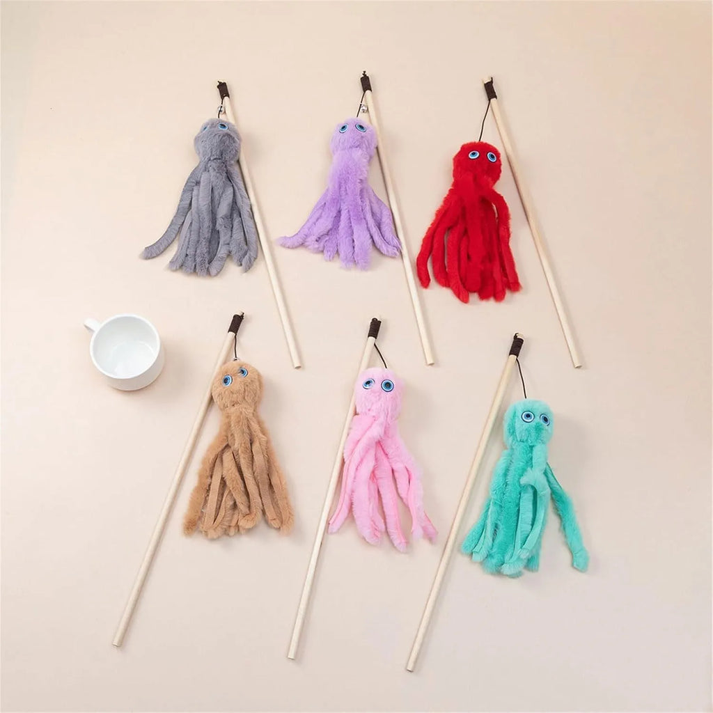 Brightly coloured furry octopus cat toy attached to a long stick for interactive indoor play